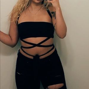 Black blouse tie around